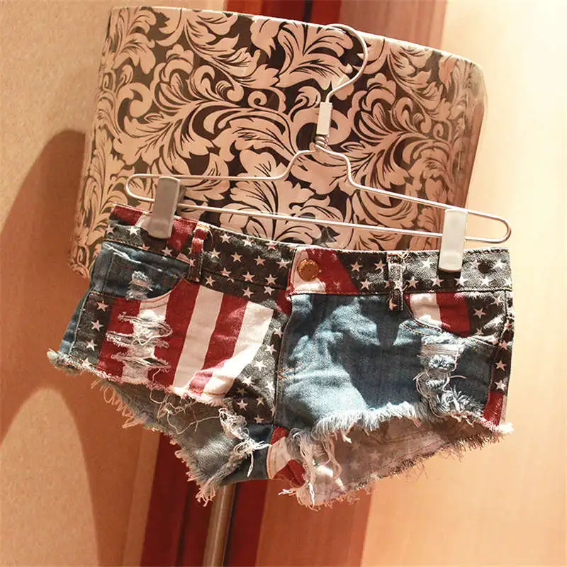 Hot Summer Sexy American Flag Printed Shorts New 2018 Sexy High Waist Hole Thong Daisy Duke Ripped Denim Patchwork Streetwear