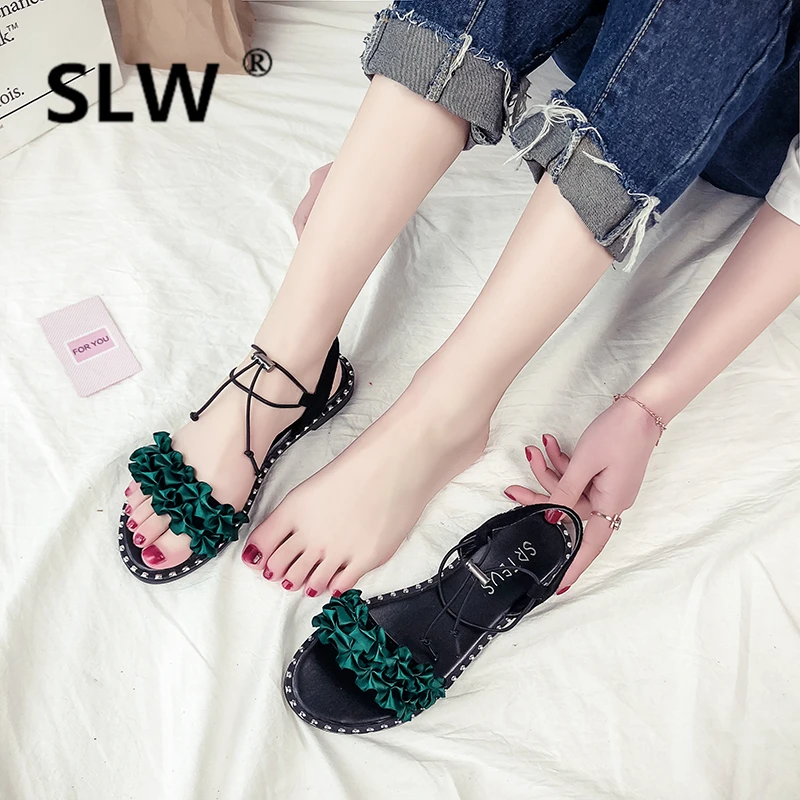 

korean style Flat flat sandals Fabric beach shoes all match Casual summer strappy heels Fashion Solid Color new arrival