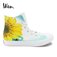 Вэнь дизайн Подсолнух ручная роспись обувь цветочный Рисунок парусиновые кроссовки плимсоллы шнуровка Повседневная обувь на плоской подошве Высокая помощь лоферы