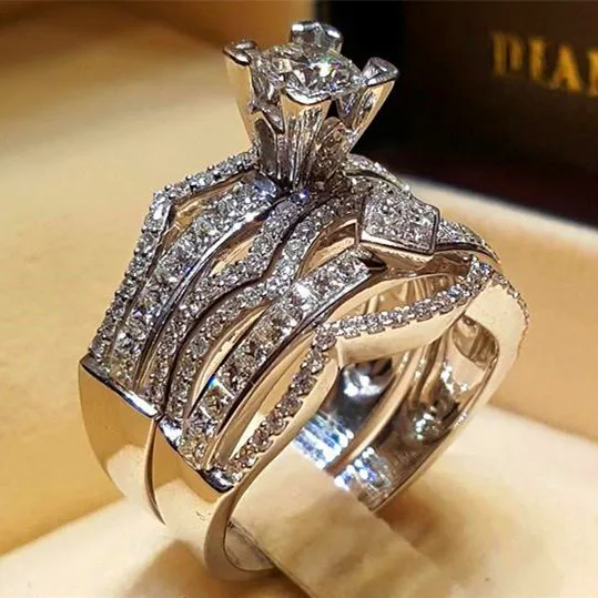

Luxury Crystal Female Big Stone Ring Set Fashion Queen 925 Silver Bridal Engagement Rings For Women Promise Love Finger Ring