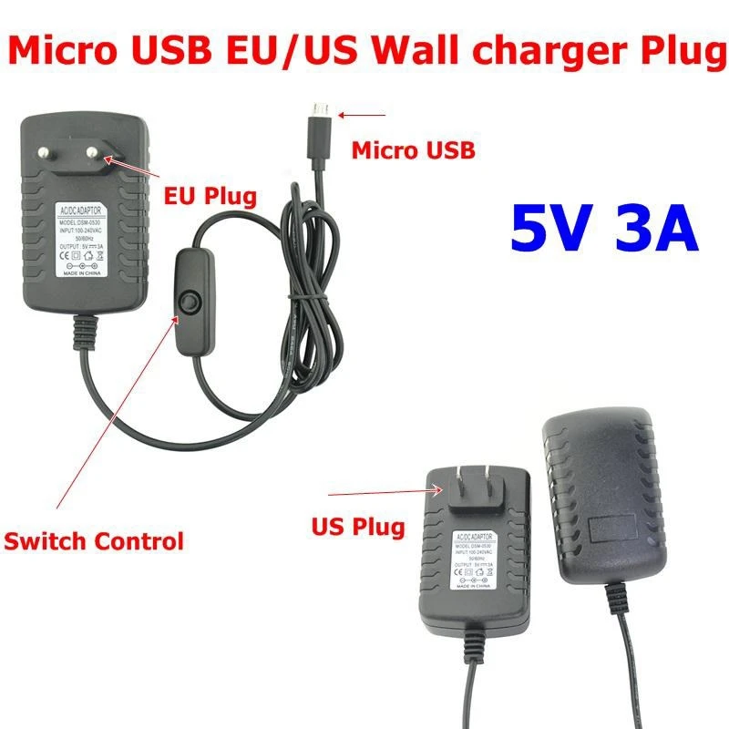 Высокое качество 5V 3A ЕС и США подключите блок питания Micro USB адаптер с включения/выключения для Raspberry Pi