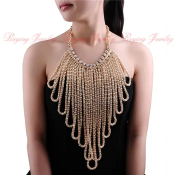 

Vintage Tribal Multilayer Metal Tassel Rhinestone Statement Pendant Necklace