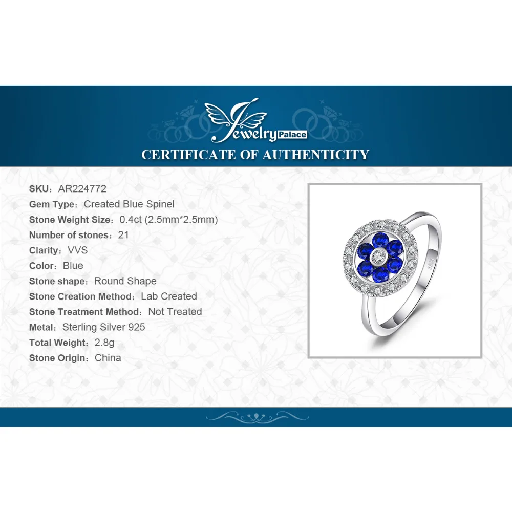 Jewelrypalace модные 0.72ct круглый создан синий шпинель цветок Юбилей кольцо для Для женщин 925 серебро классические ювелирные изделия