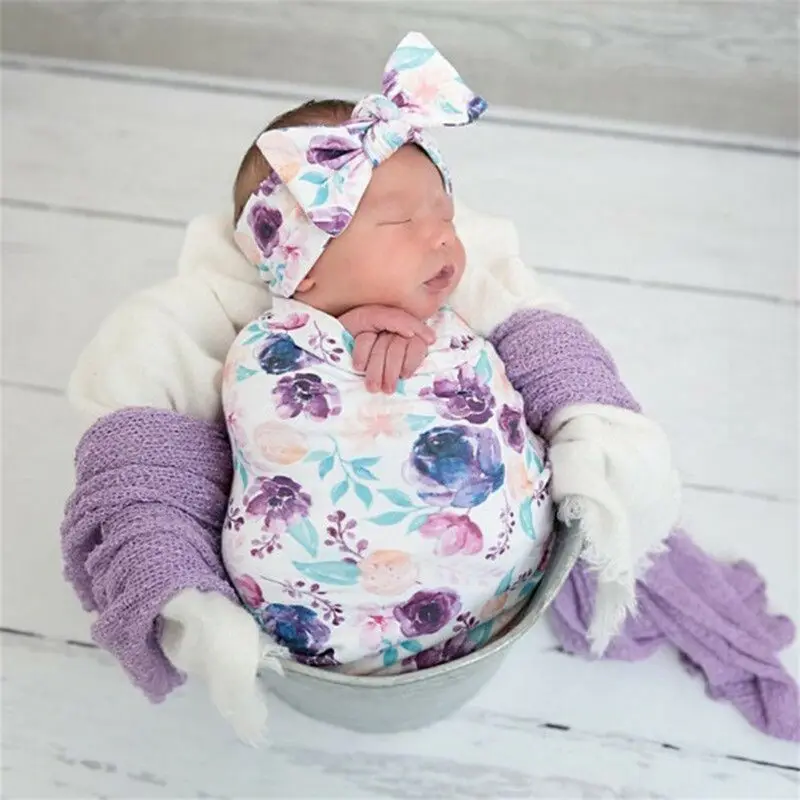Newborn Baby Floral Swaddle Wrap Swaddling Sleeping Bag Blanket Headband Set US 