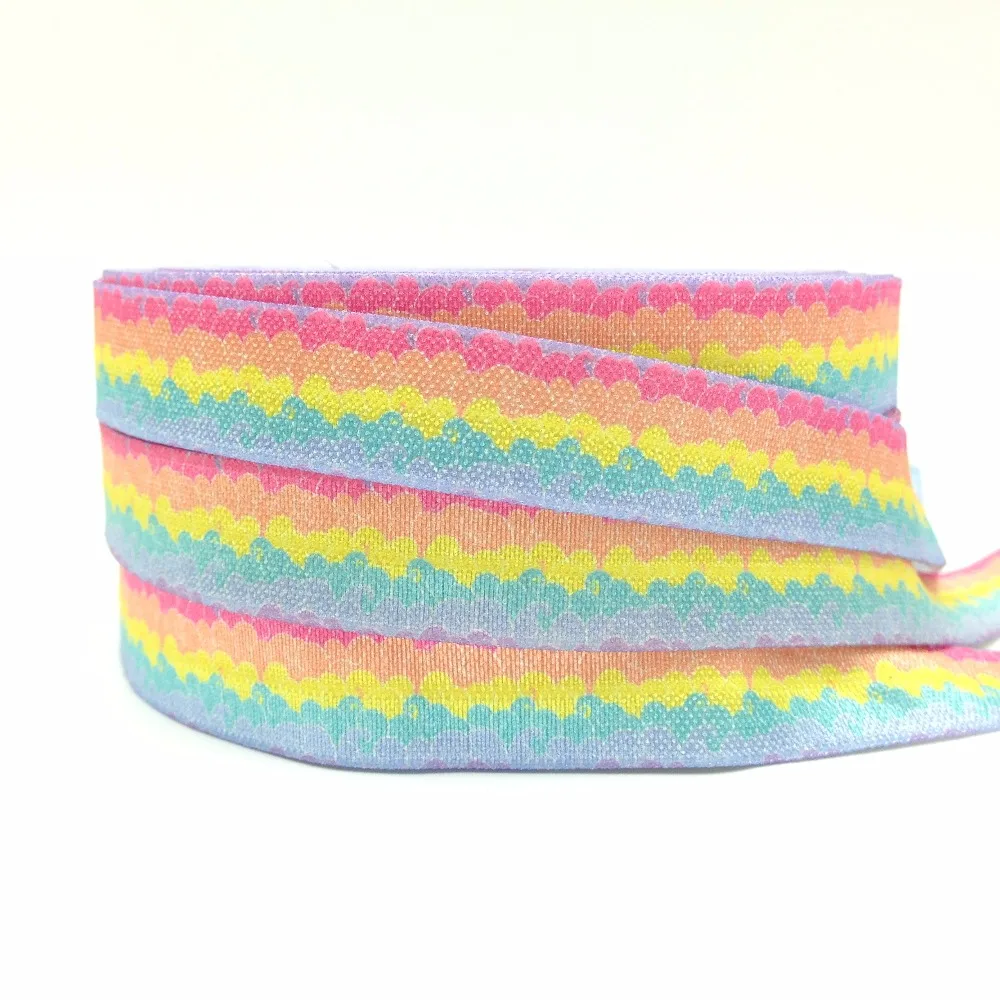 

10 Yards Rainbow Sea Wave Printed Fold Over Elastic 5/8" Spoondrift FOE Ribbon Webbing for DIY Headwear Hair Tie Hair Accessory