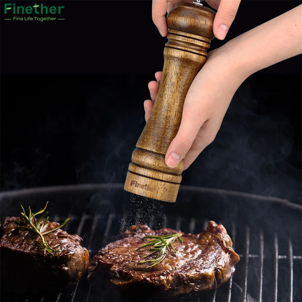 Finether Pepper Mills 8.7 inch Classical Wooden Pepper Sauce Spice Salt Corn Mill Grinder Hand Movement Convient Kitchen Tools11
