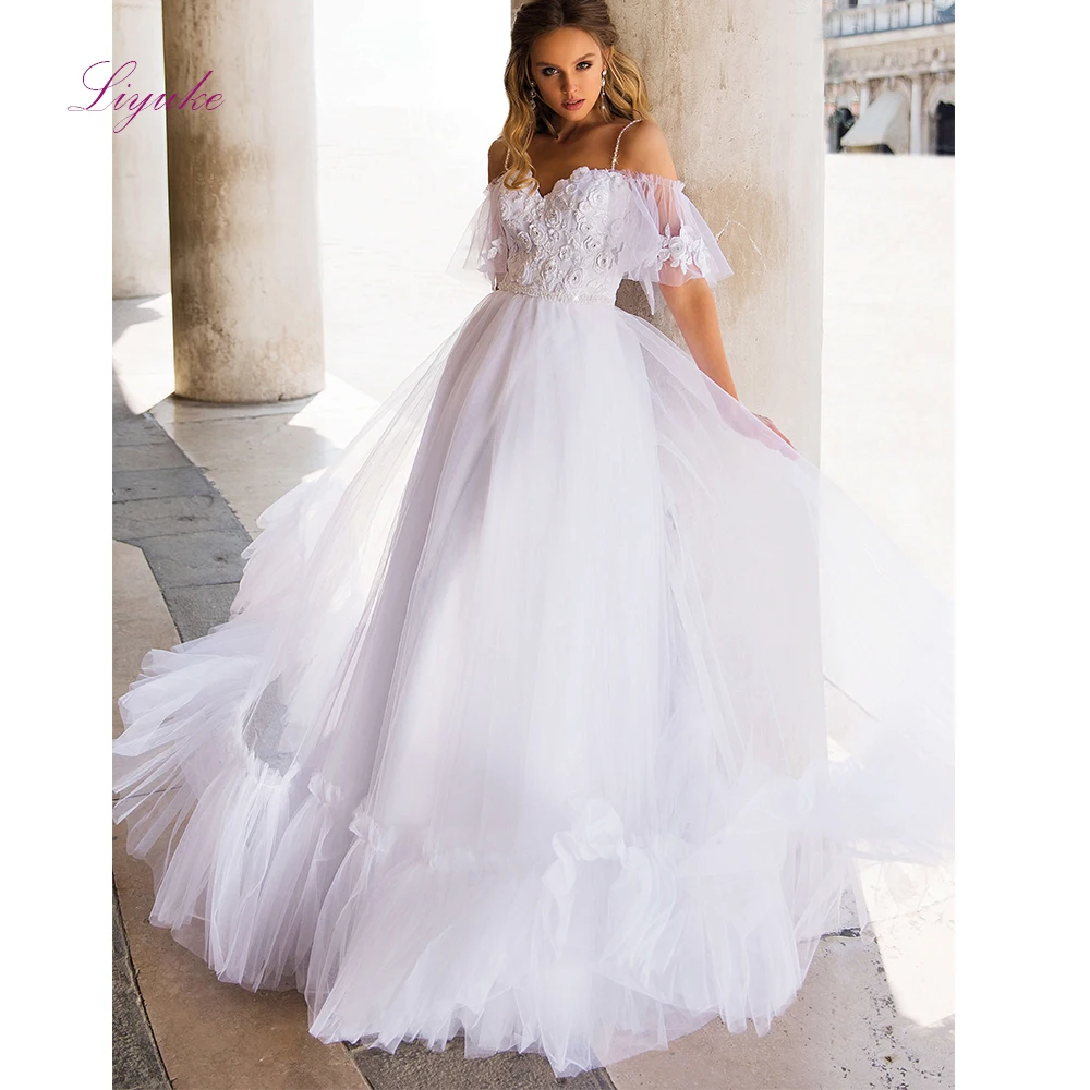 

Liyuke 2019 New Ball Gown Wedding Dress Sweetheart Style Spaghetti Straps Ruched Lace Appliques Customer Made Size Floor- length