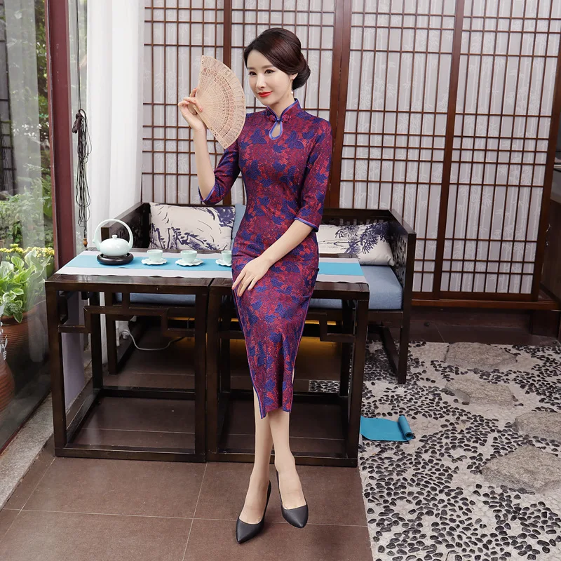 Китайский Кружево платье Для женщин длинный Cheongsam красный/серый/фиолетовый размеры S-4XL