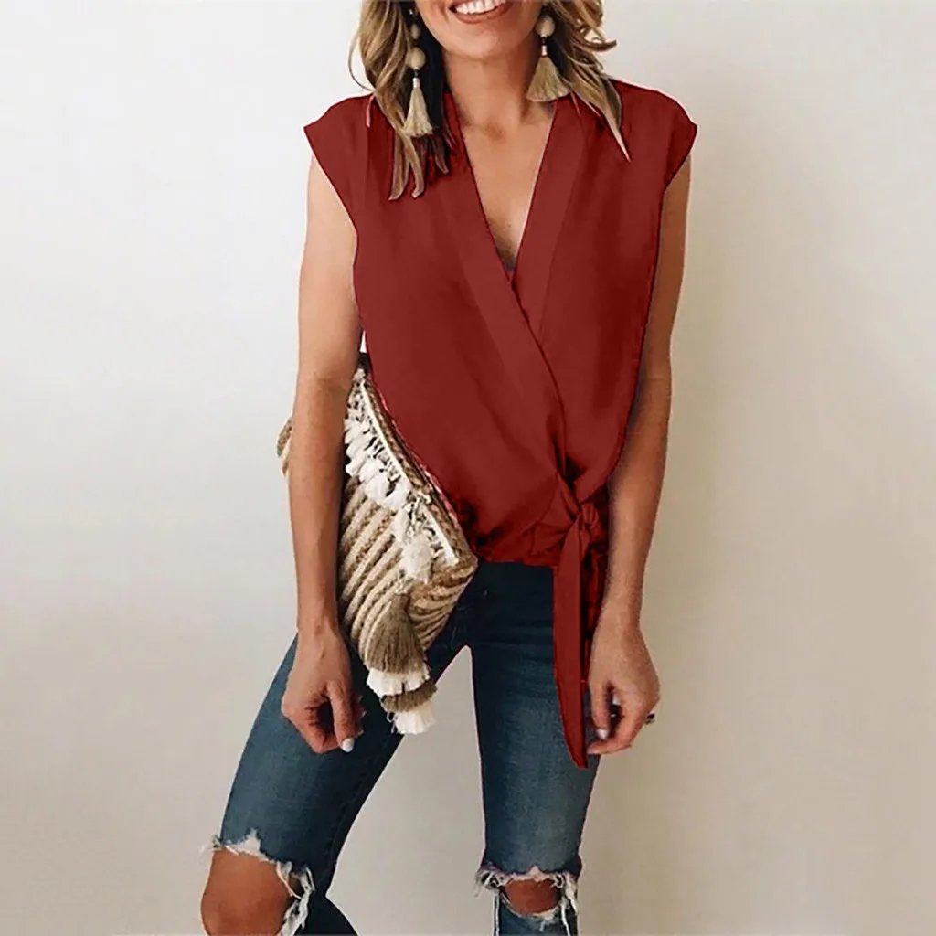 

solid summer top elegant Women Fashion Bow knot t-shirts women fashion 2019 Plain Summer Casual V-neck T-shirts vestidos de v#G7