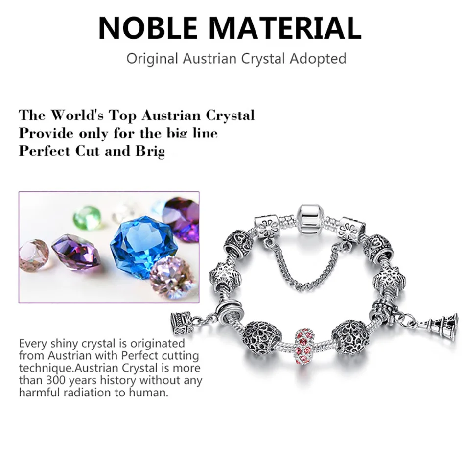 ELESHE Locket Key & Eiffel Tower Silver Charm Bracelets & Bangles Rhinestone Beads Bracelets For Women Christmas Gift
