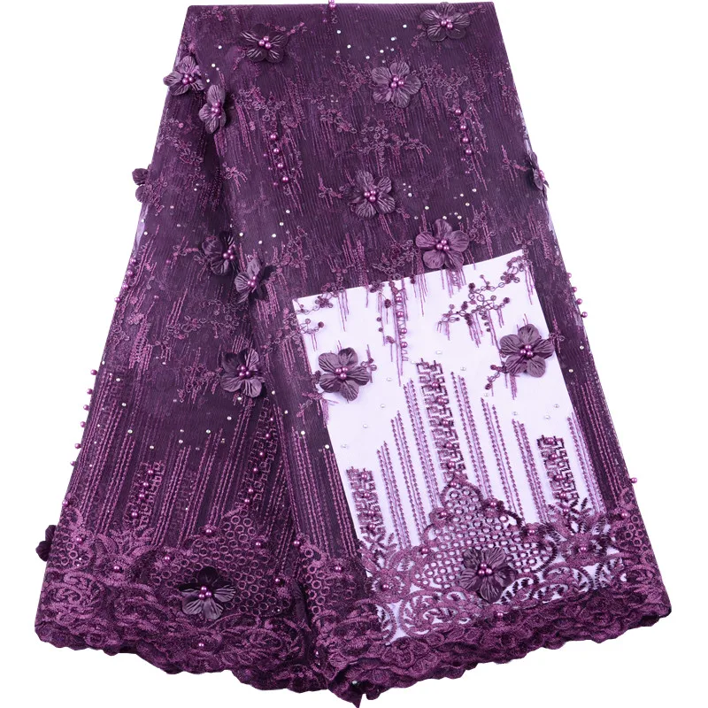 

Dark Purple Nigerian Bridal Lace Fabric High Quality African 3D Flowers Lace With Beads French Net Lace Fabric For Dress S1477