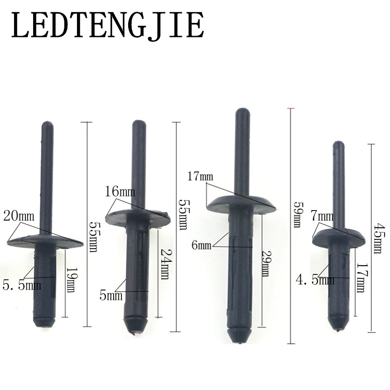 

LEDTENGJ 50Pcs Auto Fastener Black Plastic Core Pulling Rivet Wheel Eyebrow Positioner four different sizes Automotive Fasteners