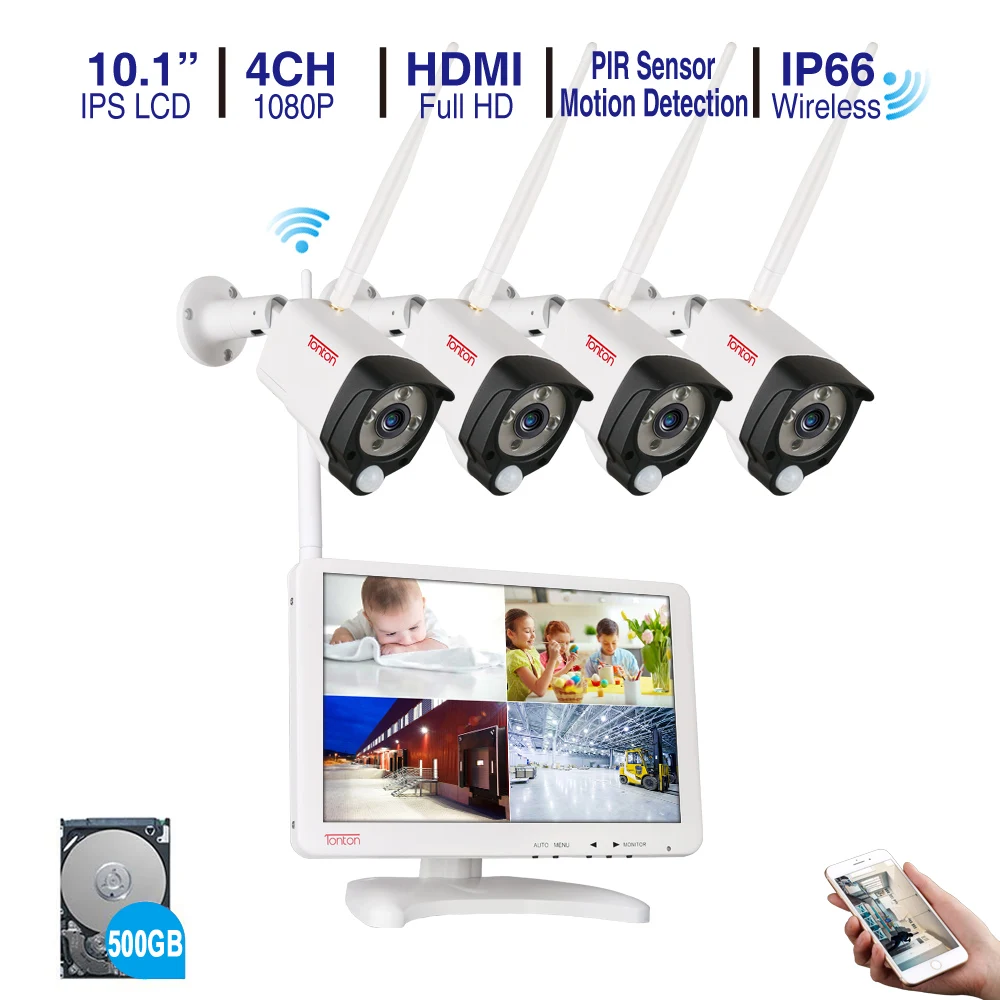 Tonton 4CH 1080P Беспроводная система видеонаблюдения 10 1 &quotLCD WiFi NVR комплект 2MP наружная