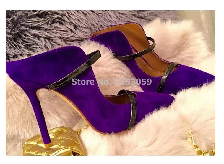 ALMUDENA Lady Fabulous Purple Gold Pointed Toe High Heel Pumps Slip-On Special Shallow Cut Straps Party Shoes Designer Slippers