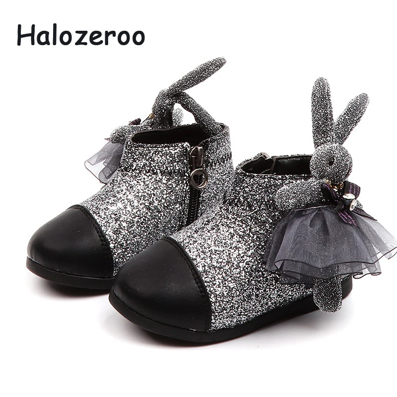 

New Children Glitter Warm Shoes Baby Girl Rabbit Ankle Boots Toddler Rhinestone Black Boots Fashion Soft Brand Shoes Winter
