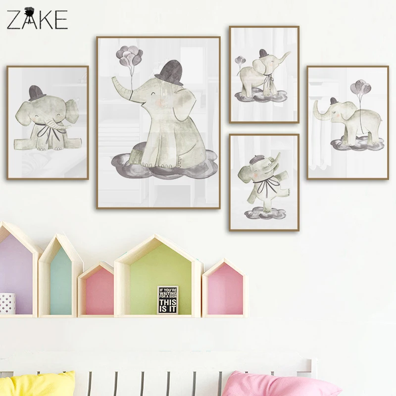 

Watercolor Nursery Elephant Canvas Print Lovely Painting Wall Picture Poster Kids Room Decor