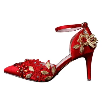 

Classic Bride Shoes Red Lace Flower Satin Wedding Shoes with gold decoration Pointed Toe Ankle Straps Sandals Bridesmaid Shoes