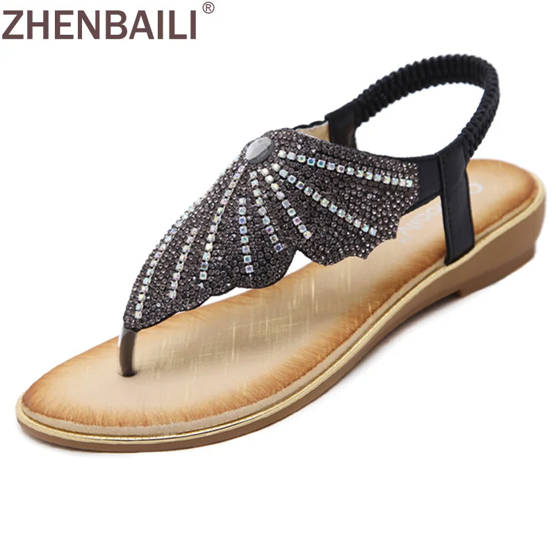 ZHENBAILI Bohemian Wing Butterfly Sandals Women Rhinestone Crystal Flip Flops Summer Beach Flats 