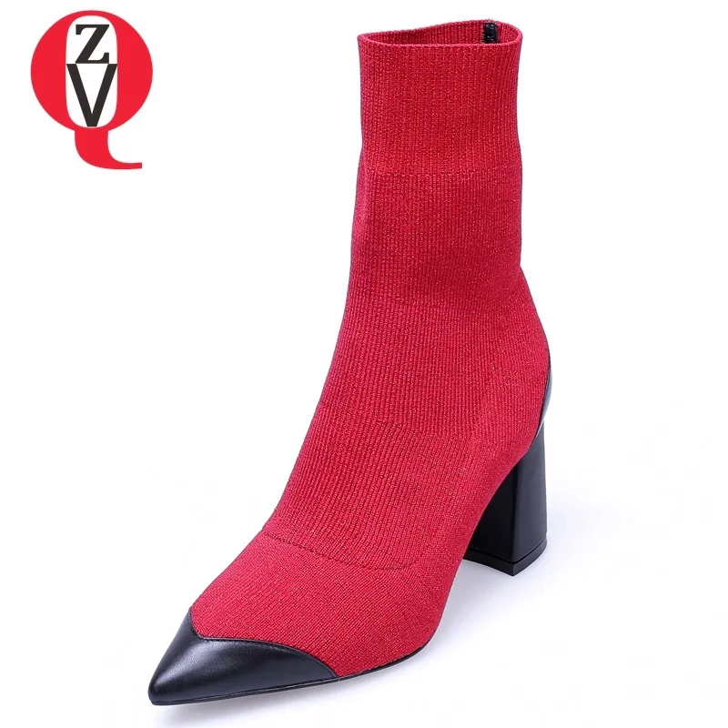 

ZVQ winter new mixed colors knitting slip-on shoes women high hoof heel pointed toe black and red outside fashion mid calf boots