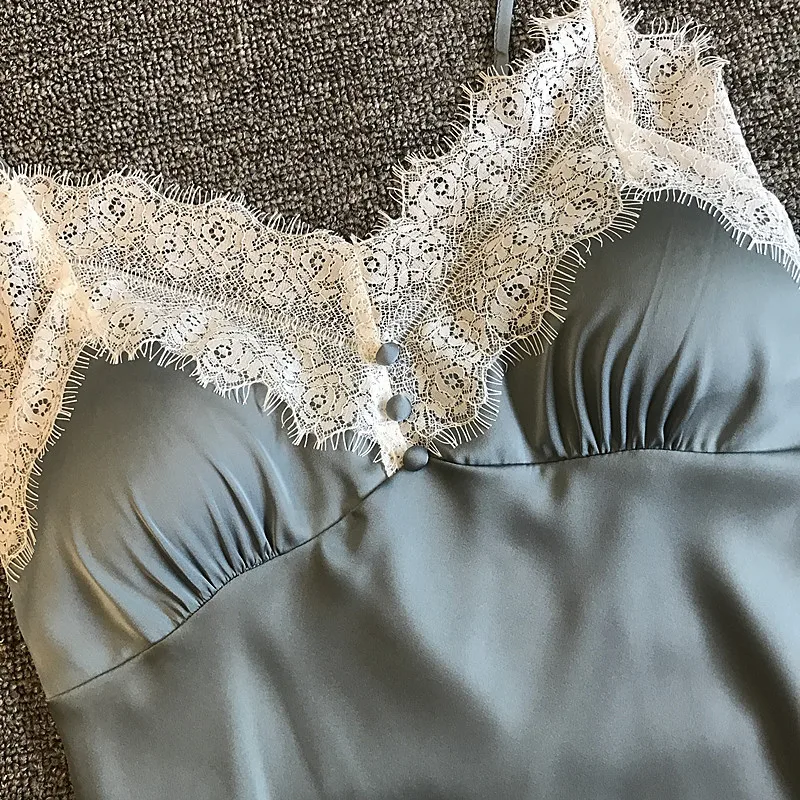 Women's Sleepwear Silk Satin Nightgowns Summer Sexy Lace Sleepshirt Night Dress Night Gown With Chest Pads Nightwear Lingerie   20