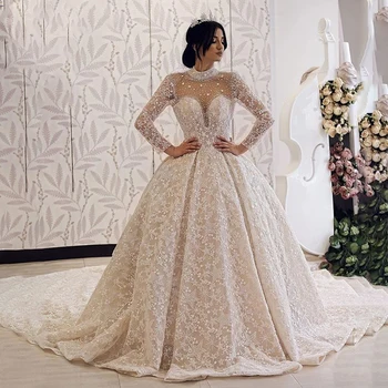 

2019 Latest Lace Long Sleeve Wedding Gowns Arabic Muslim Wedding Dresses High Neck Ball Gown Cathedral Train Robe de mariage