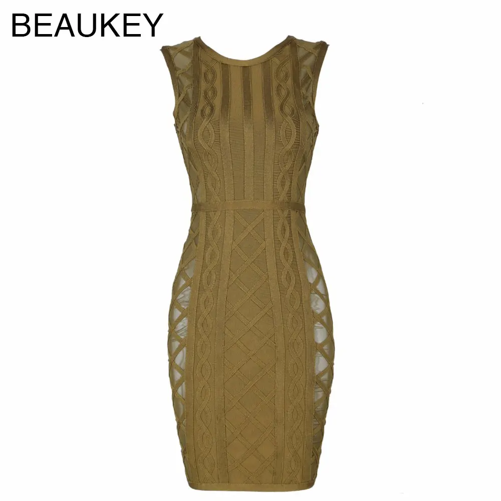 

Sleeveless Mesh O Neck Sexy Mini 2017 Women's Bodycon Newest Pattern Rayon Bandage Dress