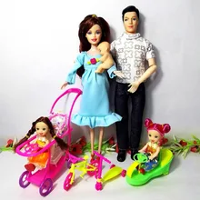 Фотография Fashion Toys Family 5 People Dolls Suits 1Mom/1Dad /2 Little Kelly Girl /1Son/1Baby Carriage Real Pregnant Doll for Barbie Gifts