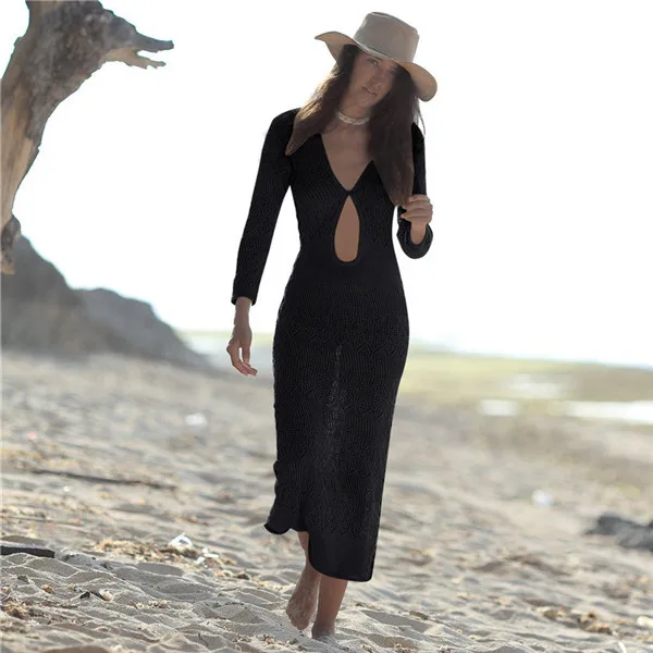 New Sexy Long Beach Dress Women Swimsuit Cover-up Hollow Out Bathing Suit Beachwear Knitting Summer Dresses Casual Bikini Tunic - Цвет: Black Beach Cover Up