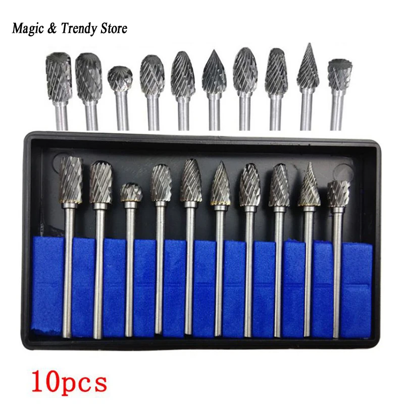 

10pc 1/8" Shank Tungsten Carbide Milling Cutter Rotary brocas com escareador hss steel cone drill set diamond drill