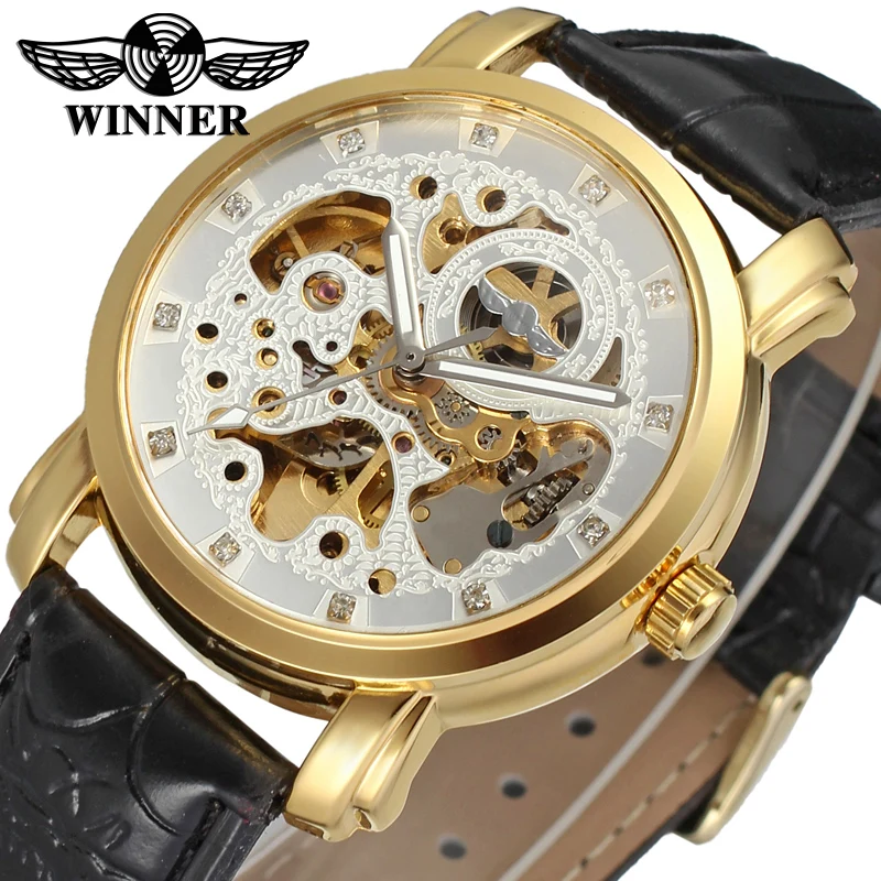 

WRG8078M3G3 2015 new arrival black leather band wristwatch free shipping winner Automatic gold skeleton watch for men brand