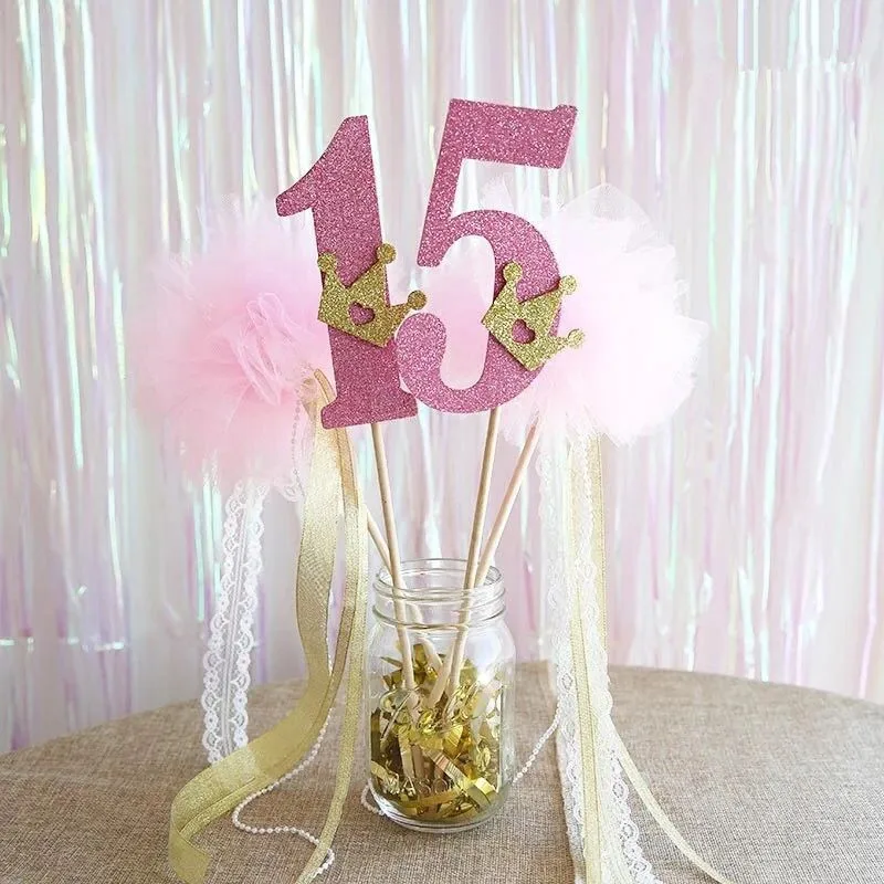 

Pink Tulle ball Lace wands Gold Ribbon Tassels Wedding Party Decorations Girl Birthday Decor Wedding Sticks Wands Number Sticks