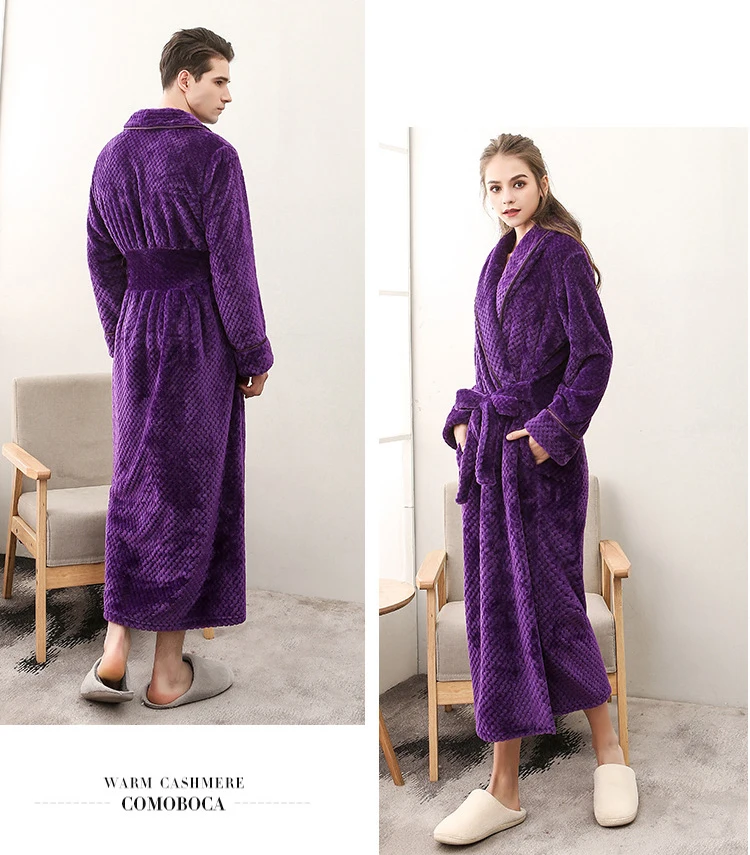 Winter Male Femlae Bathrobe Flannel Thick Robe Long Sleeve Soft Warm Bathrobe Men Women Home Wear Gown Robes Dressing Gown     8