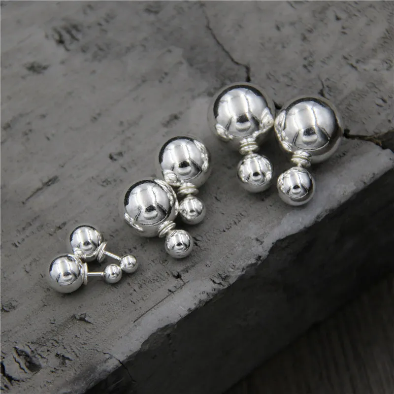 

C&R Real 925 Sterling Silver stud earrings for women double Round beads Female models Hypoallergenic earrings Fine Jewelry
