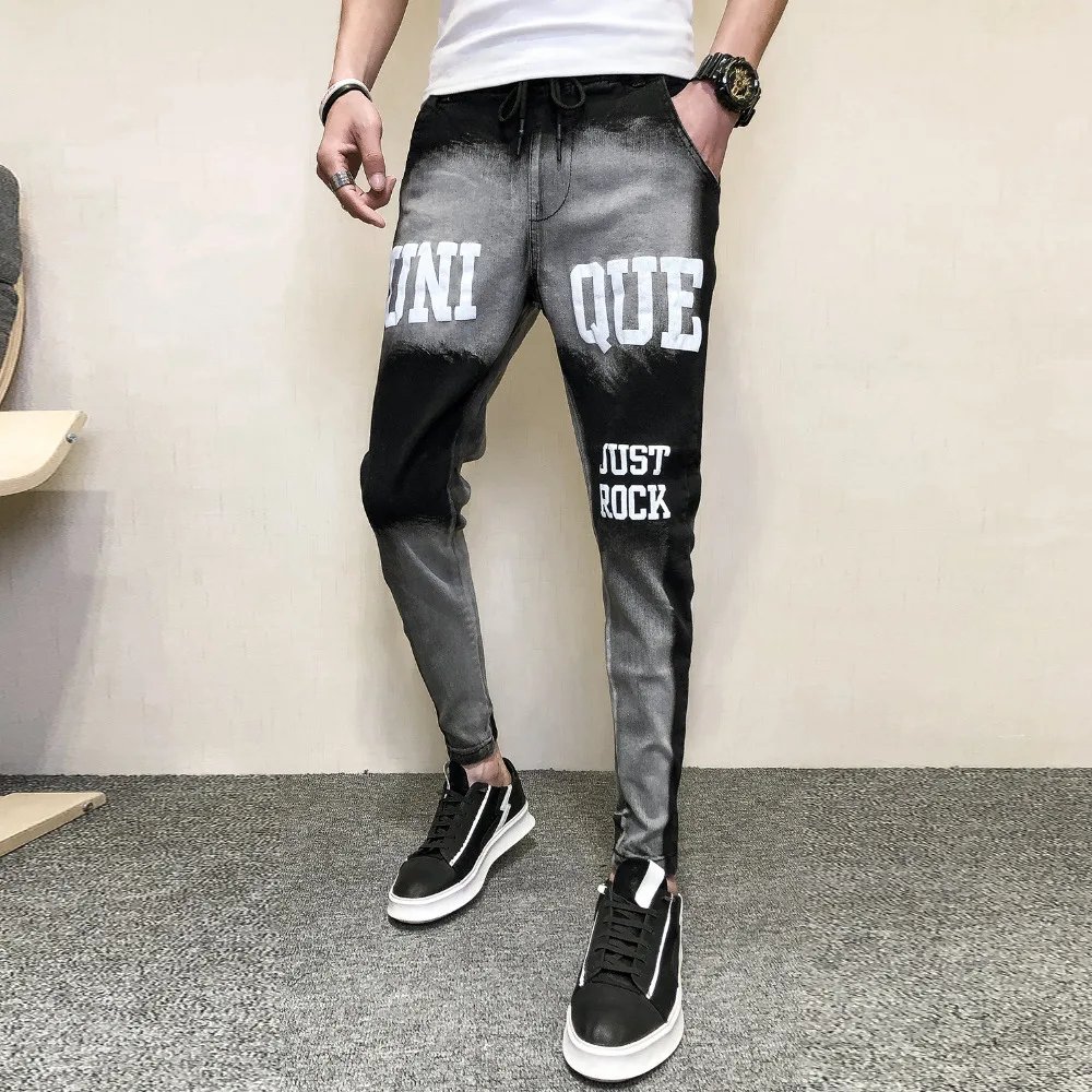 quality men slim fit jeans spring 2019 all match denim pants men streetwear letter jeans men casual hip hop trousers men