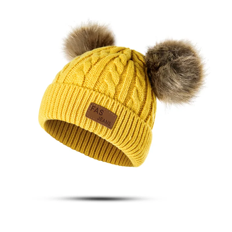 Новая зимняя шапка для мальчиков и девочек, вязаные шапки бини шапки из толстой ткани для малышей милый мягкий помпон Кепки для детей ясельного возраста теплая Кепка для мальчиков, девочек, помпоны, тёплая шапка - Color: yellow