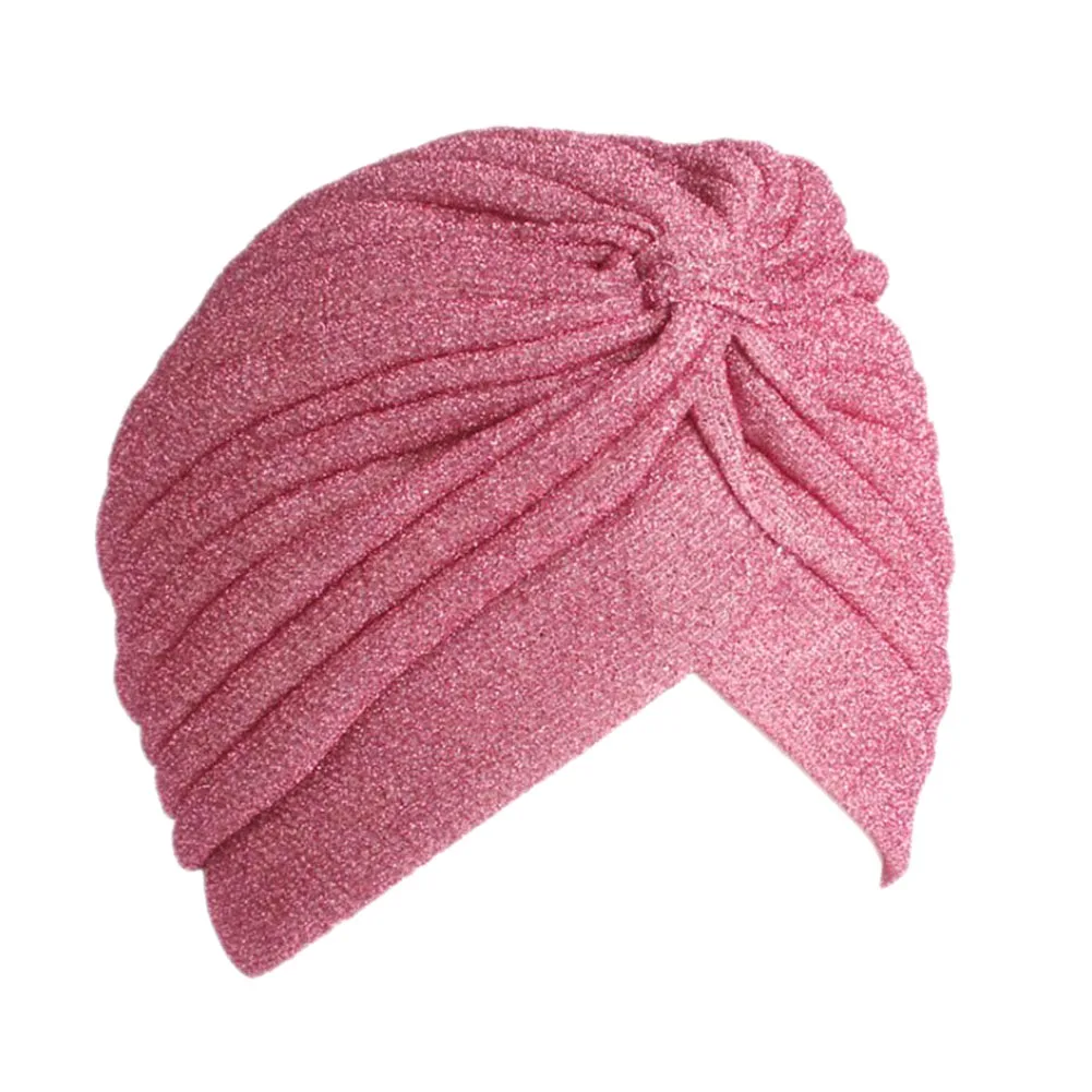 Модные женские повязки на голову с блестящими серебристыми и золотыми узелками; шапка-тюрбан; сезон осень-зима; Теплый головной убор; Повседневная Уличная одежда; женские индийские шапки - Цвет: Розовый