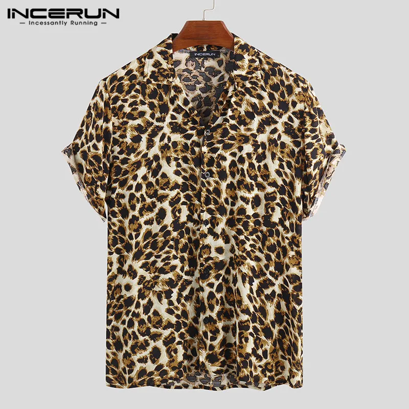 Skup Lato z krótkim rękawem Leopard drukuj koszulka męska Lapel Neck luźne przycisk w górę bluzka oddychające Streetwear Sexy koszule męskie INCERUN 2019