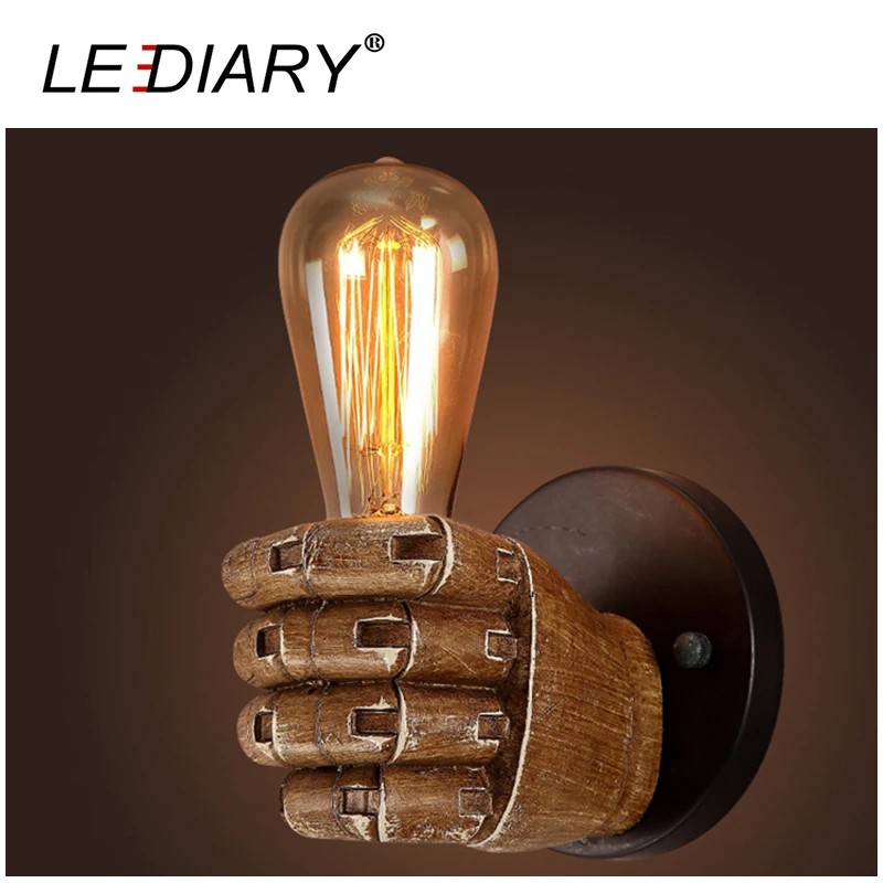 LEDIARY Creative Fist Shape Wall Lamp 110V/220V E27 Socket Resin Material Wooden Appearance Bedside/Stair/Corridor Lamp Antique