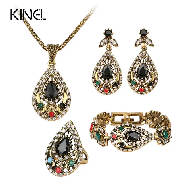 Hot 4 Pcs Vintage Jewelry Sets For Women Antique Gold Color India Hot 4 Pcs Vintage Jewelry Sets For