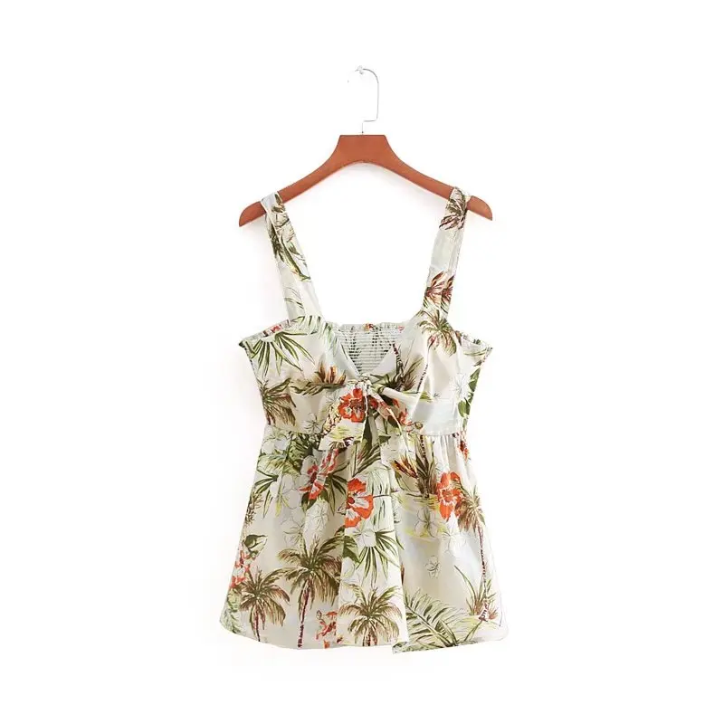 

Summer style women leaf printing bowknot backless sling T-shirt fashion ruffled hem sexy short tank tops feminina camiseta T891