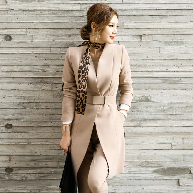 

MVGIRLRU Office Lady Pant Suit Long Blazer Coat with Sashes +zipper Straight Pant Female 2 Piece Sets