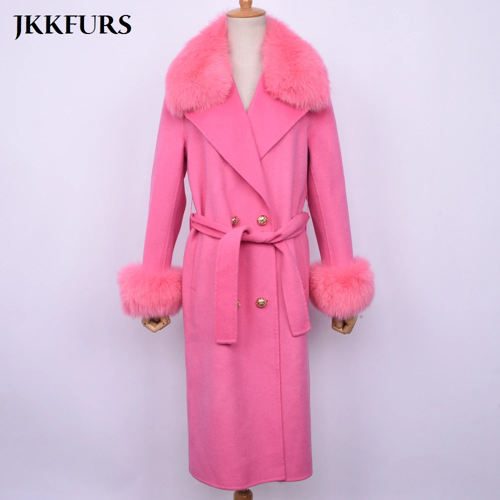 

Fashion Wool Coat Luxury Fox Fur Collar Genuine Real Fox Fur Fluffy Long Style Winter Spring Warm Jacket Top Quality S7519