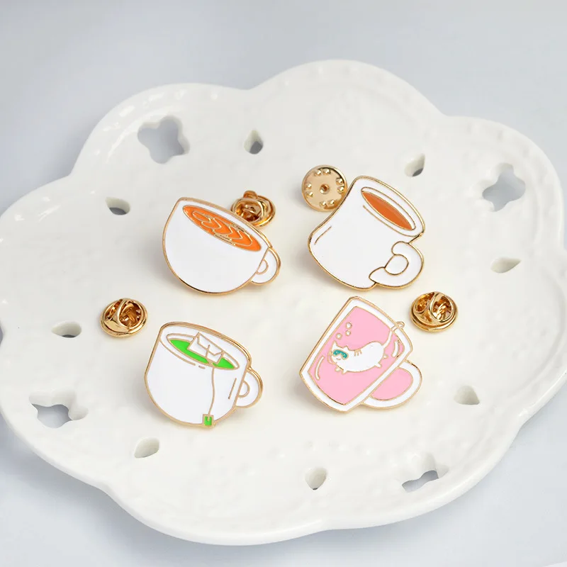 Enamel pins Cups Green tea Coffee Tea Brooch Childhood Button Pin Denim
