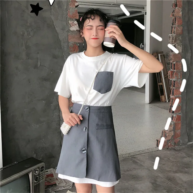 

Summer 2019 New Style Janpnese 2 Piece Suit Skirt Short Sleeve Long T-shirt And A Line Skirt Ins Chic Two piece Matching Sets