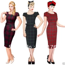Free Shipping Retro 40s 50s Tartan Vintage Pencil Wiggle Dress Rockabilly Pin Up Dress