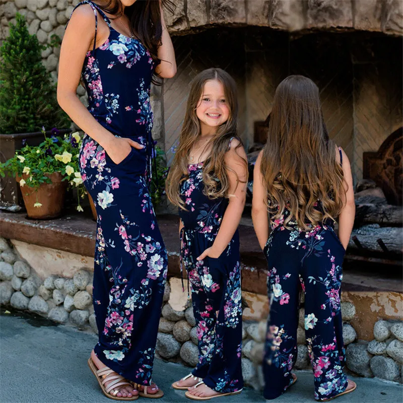 

Mother&Daughter Clothes Family Matching Outfits Women Baby Girl Floral Printed Jumpsuit Family Look Sleeveless Sling Romper 2019