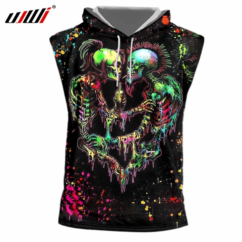 UJWI Summer Cool Tanks Black New Men's Funny Print Lovers Skull 3d Hooded Tanktop Homme Workout Fintess Sleeveless Undershirts | Мужская