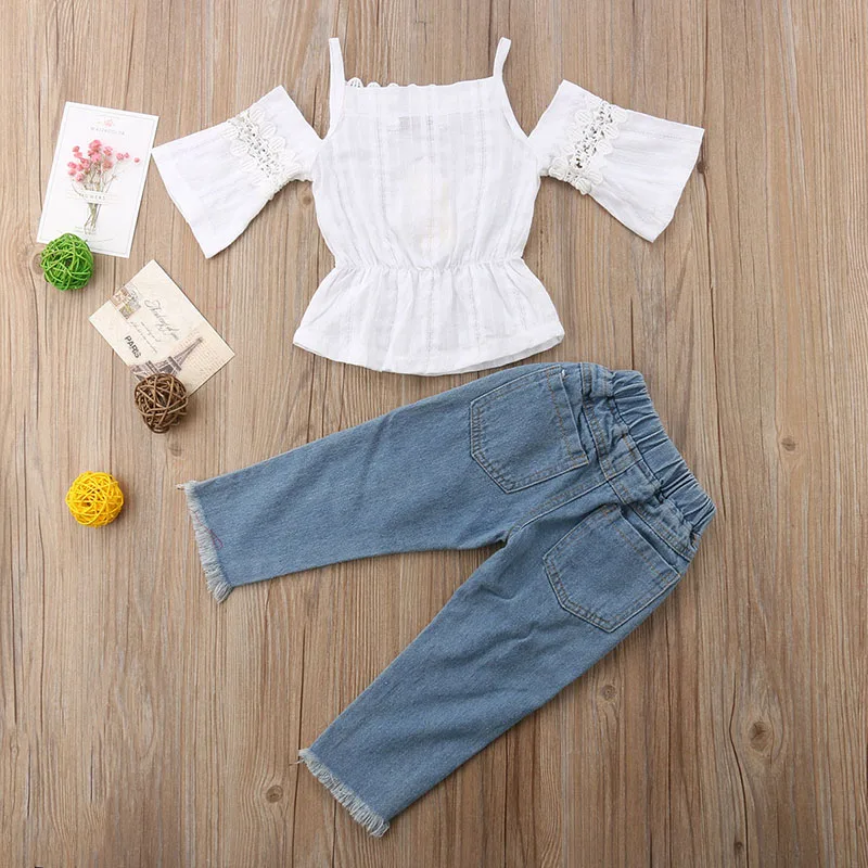 Toddler Kids Baby Girl Summer Off Shoulder Tops T-shirt Long Pants Jeans Clothes