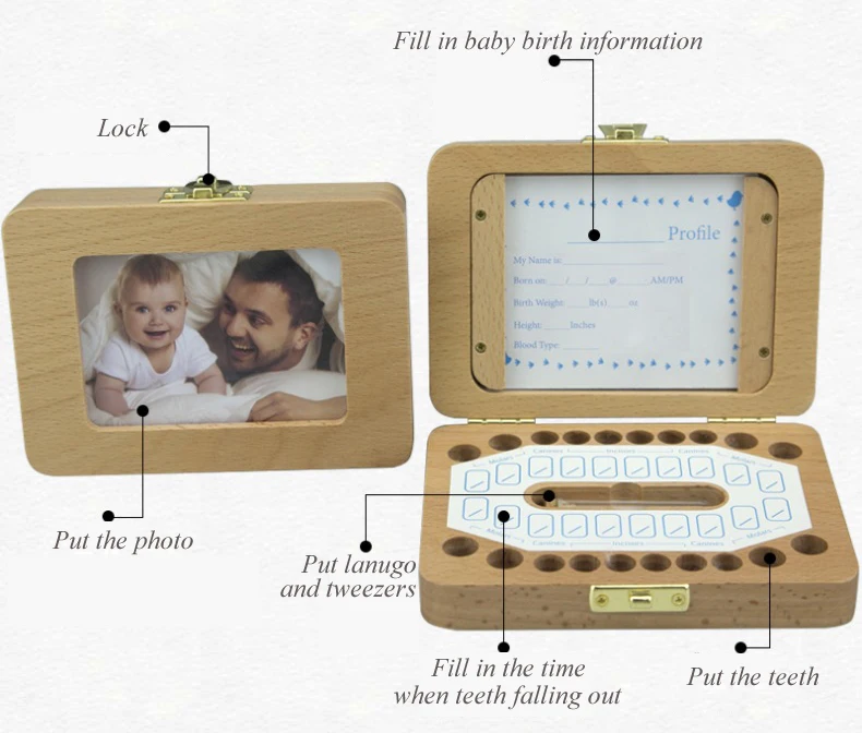 Фоторамка коробочка для молочных зубов Органайзер деревянная детская коробка для хранения зубов сохранить Lanugo собрать Первый зуб для