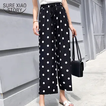 

Fashion women pants 2019 summer ladies dot pants Drawstring High Casual pant Wide Leg Pants Ankle-Length Pants harajuku 3643 50